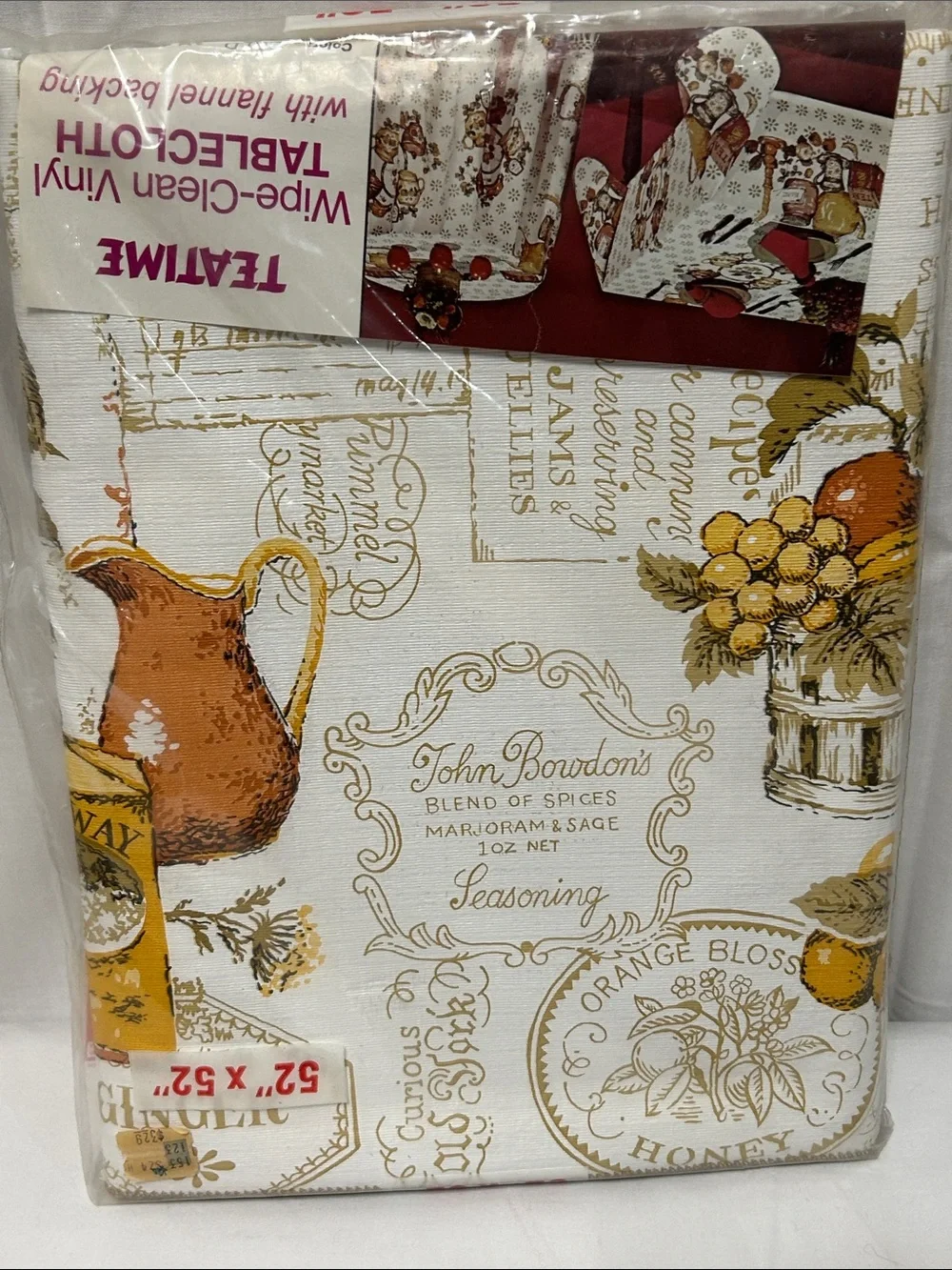 Vintage Tea Time Wipe Clean Printed Tablecloth Flannel Backing 52x52
